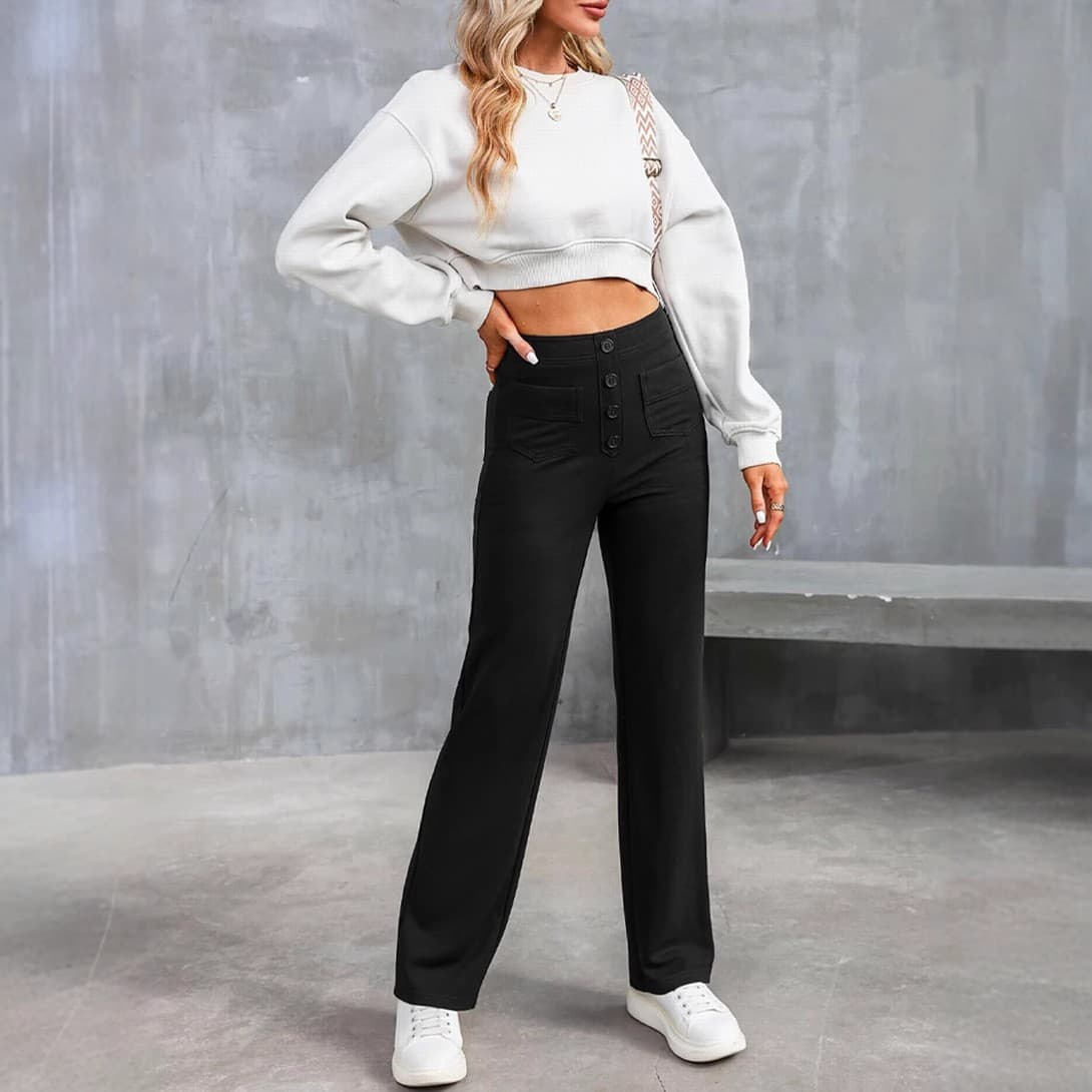 Women's Clothing Casual High Waist High Texture Button Elastic Twill Fabric Multi Pocket Straight Pants