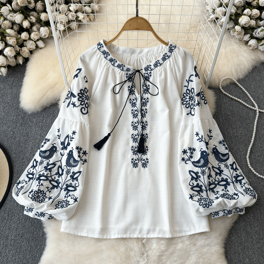 Women's Clothing Spring And Autumn Retro Ethnic Style Temperament Long-sleeved Round Neck Pullover Embroidery Loose Shirt Women's Fashionable Top