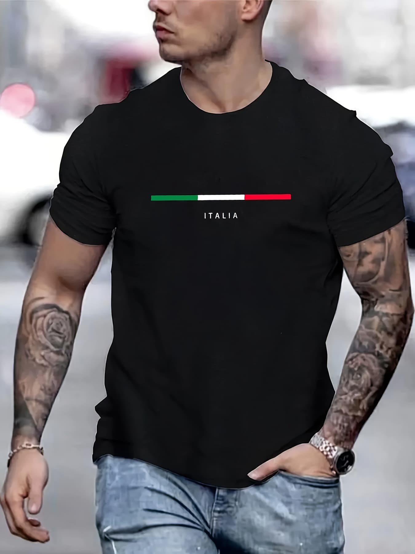 100% Pure Cotton Men's Summer Fashion Short Sleeved ITALIA Pattern Printed Casual Slim Fit Versatile T-shirt Top