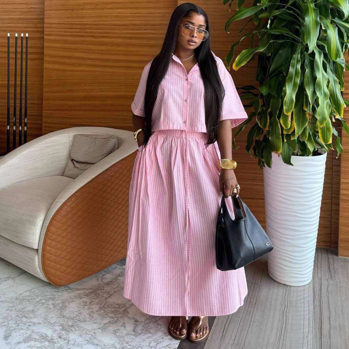 European And American Collar Striped Short Sleeved Cardigan Shirt, High Waist Slim Fit Tied Skirt, African New Fashion Two-piece Set