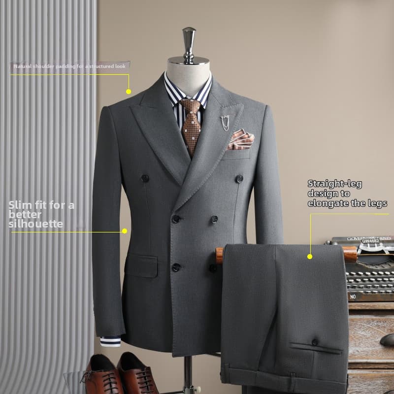 Men's Slim Fit Double Breasted Suit For Wedding Groom Business Job Interview Banquet Emcee Attire - Versatile Formal Wear