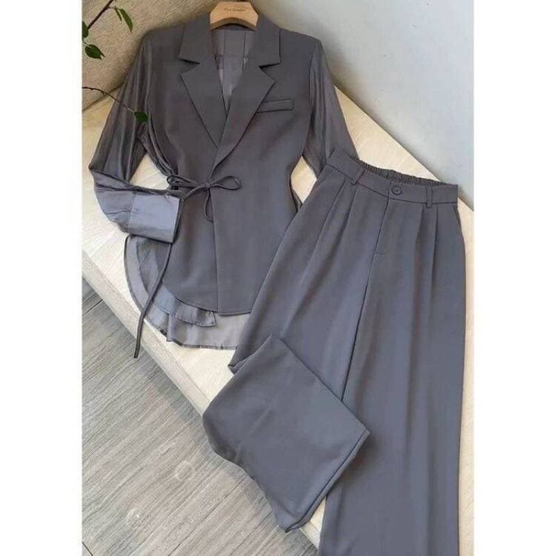 Women's Clothing Spring And Summer New Women's Chiffon Splicing Irregular Lace Up Jacket Top Straight Pants Suit