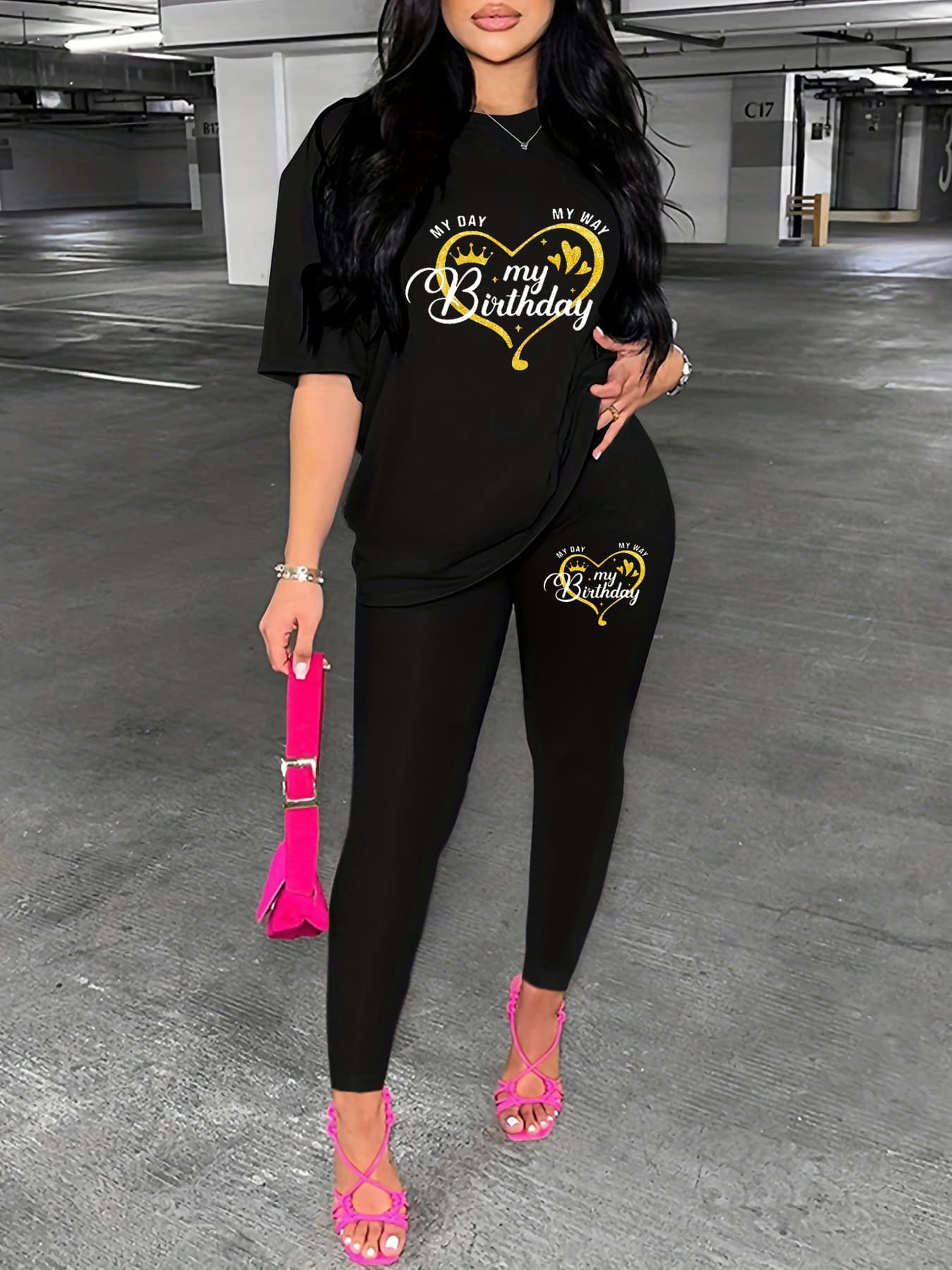 Women's Casual Loose And Fashionable Birthday Pattern Print Loose T-shirt+cropped Pants Two-piece Home Sportswear Daily Outfit-441