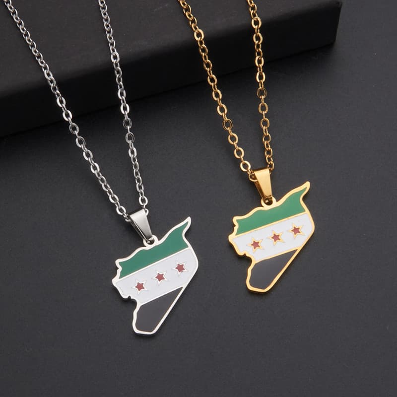 Necklaces Stainless Steel Syria Map And Flag Necklace, Unisex Couple Accessory.