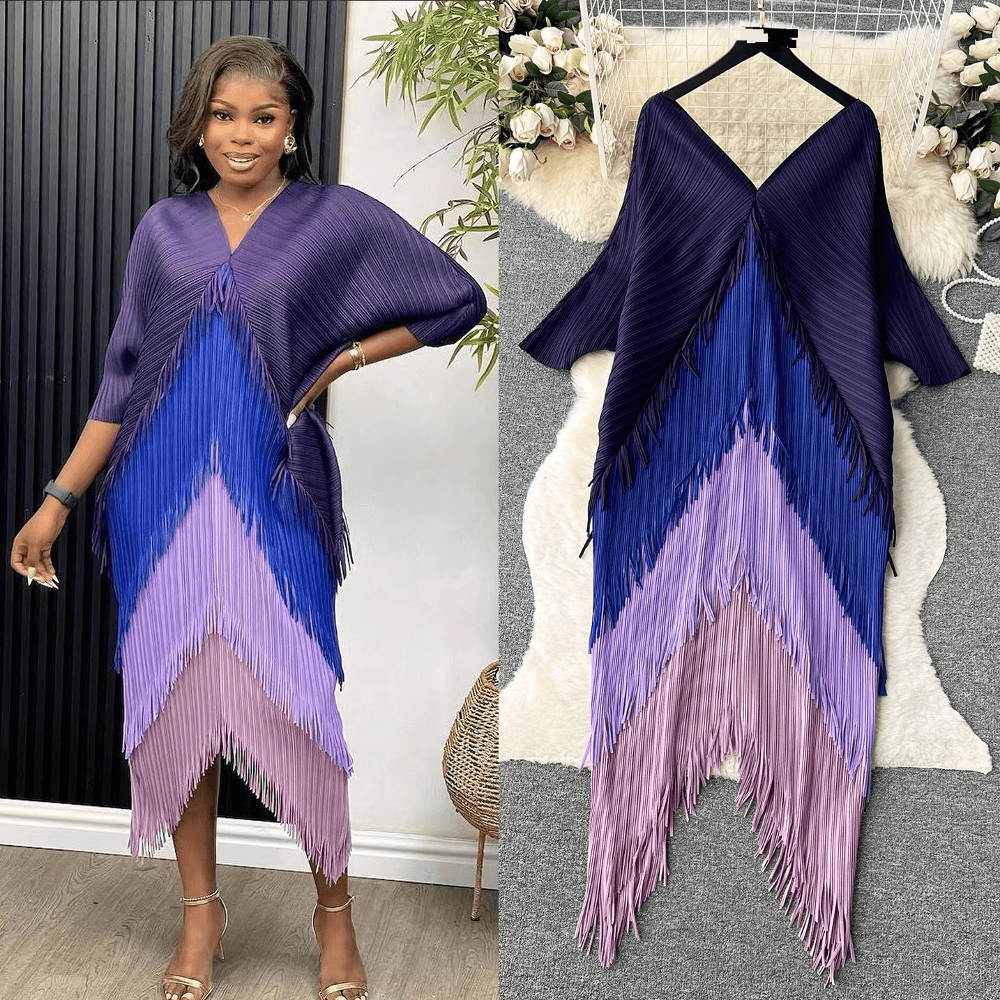 Women's Clothing Autumn Wear High End Light Mature Style Women's Clothing Niche Design Contrast Color Splicing Tassel Dress Women's Trend