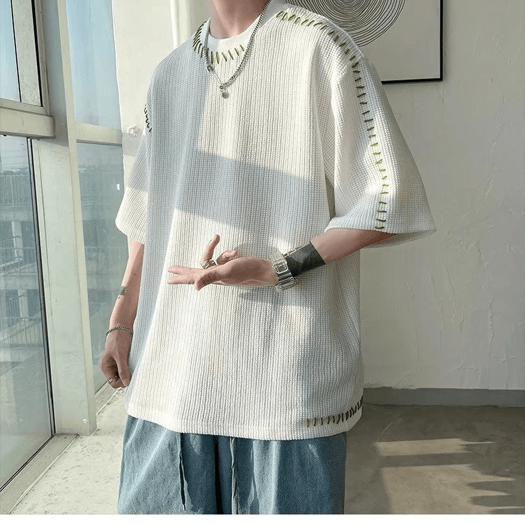 Men's Clothing Irregular Knitted Short Sleeved Design Niche Trendy Personality Loose T Shirt Five Point Sleeve T Shirt Top Clothes