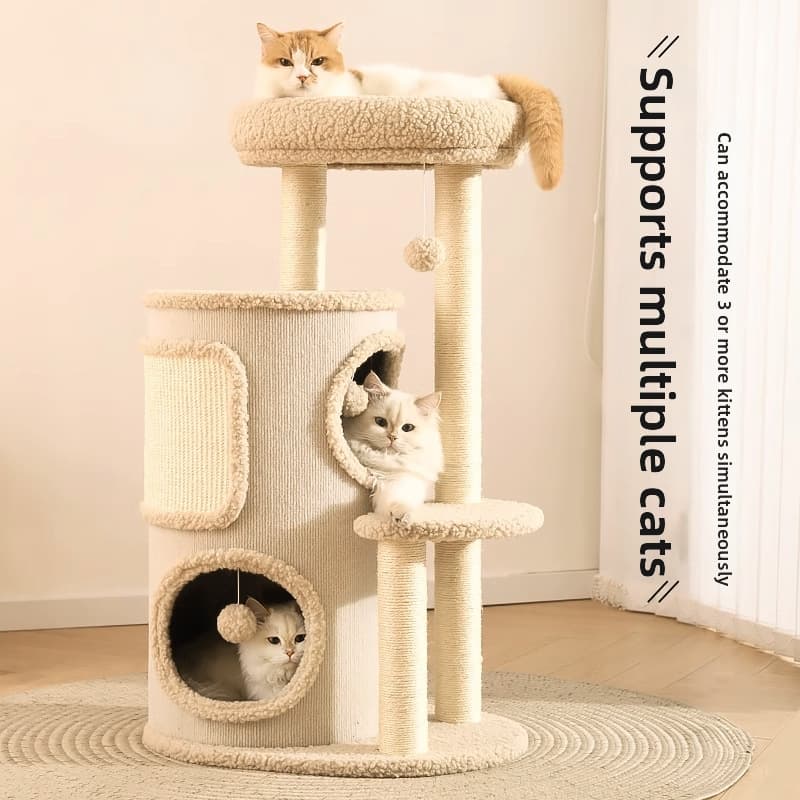 Space Saving Cat Climbing Frame All Season Double Layer Platform Tree Hole Cat Bed Sisal Tunnel for Small Apartment