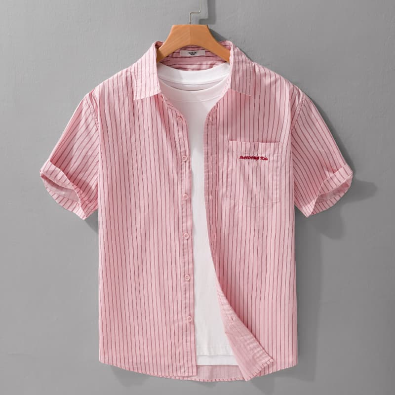 Embroidered Summer Stripes Casual Handsome Refreshing Shirt Striped Half Sleeve Fashion Men's Lining With Cedar Tide