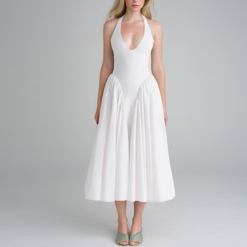 Spring Festival New Women's Solid Color Elegant Sexy V-Neck Halter High Waist Dress