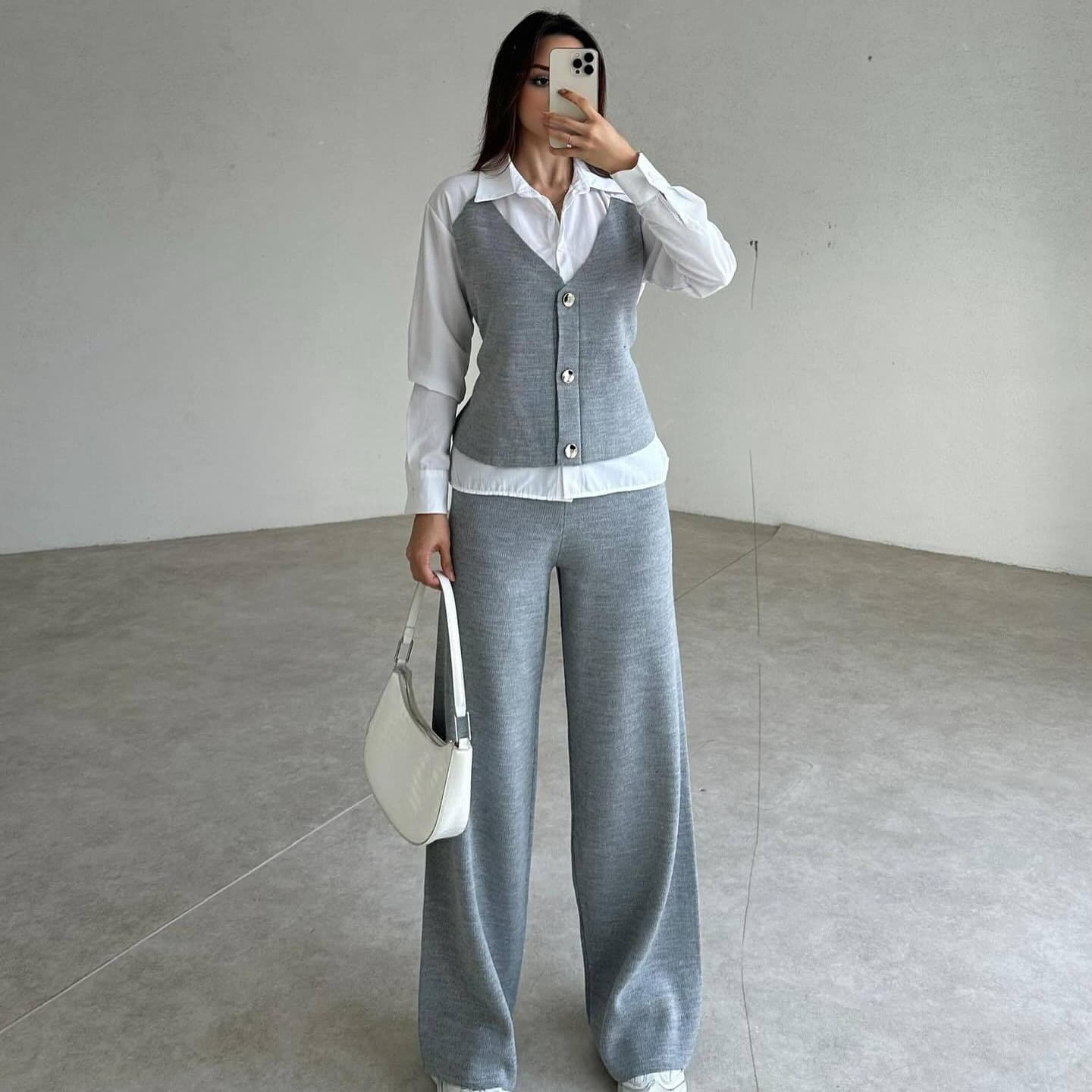 Women's Clothing Solid Color V Neck Slim Fit All Match Vest Trousers Two Piece Set