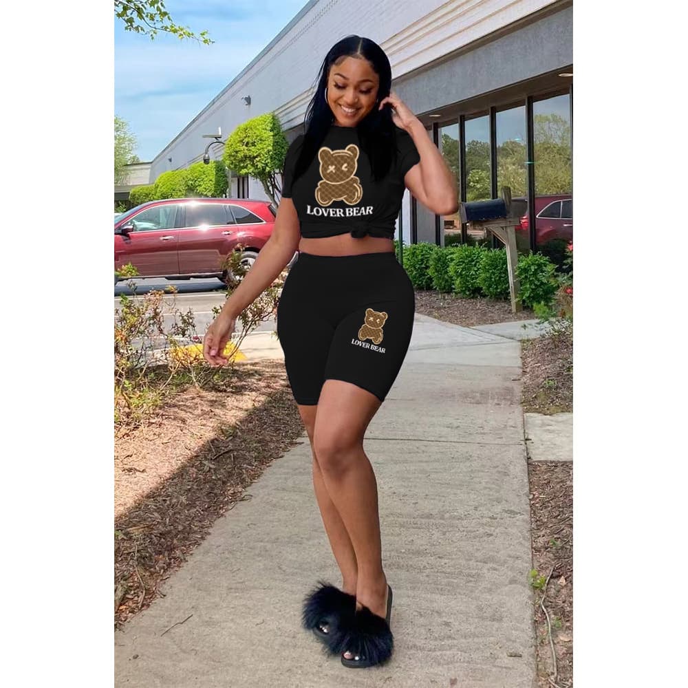 Women's bear print T-shirt shorts tracksuit