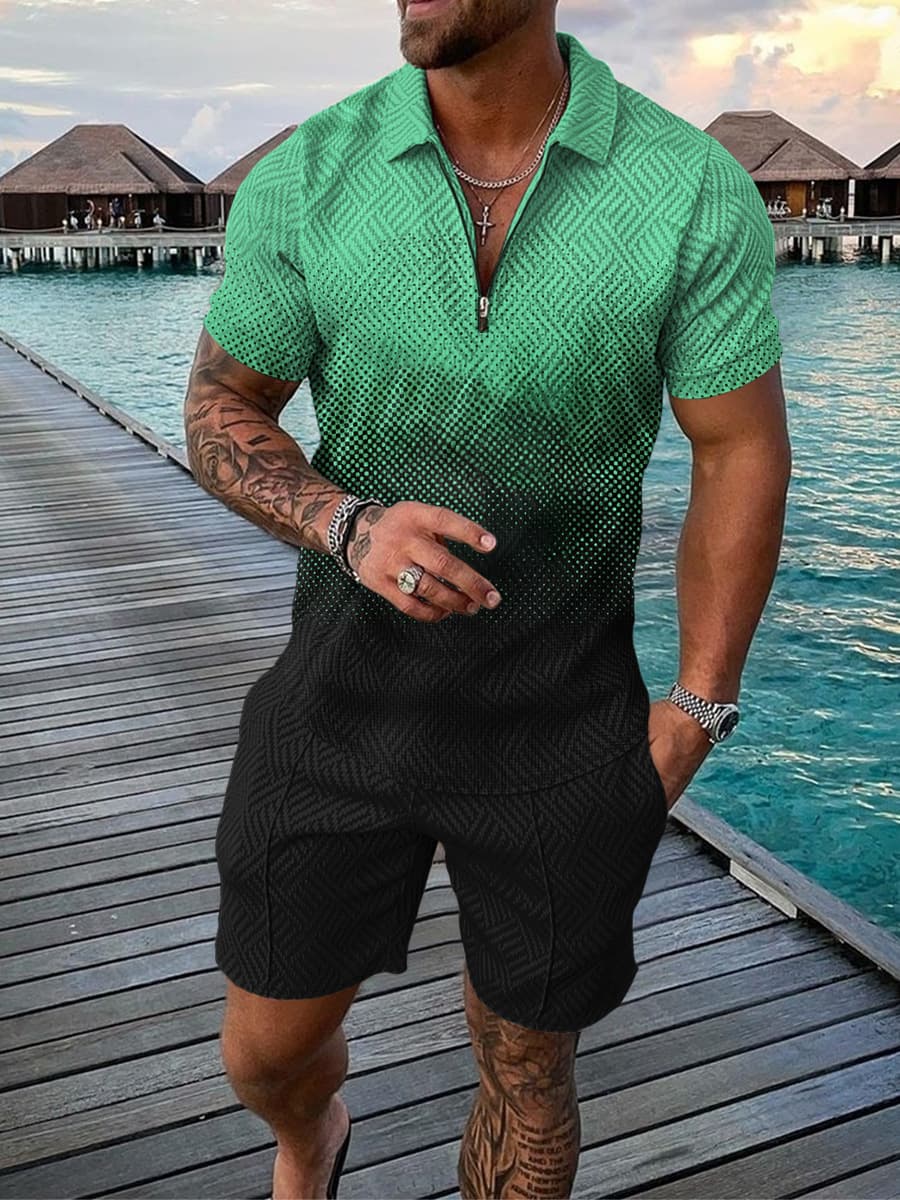 Men's Trendy Comfy 2pcs Set Red Dots Pattern Zip Polo And Plain Drawstring Waistband Shorts Polyester