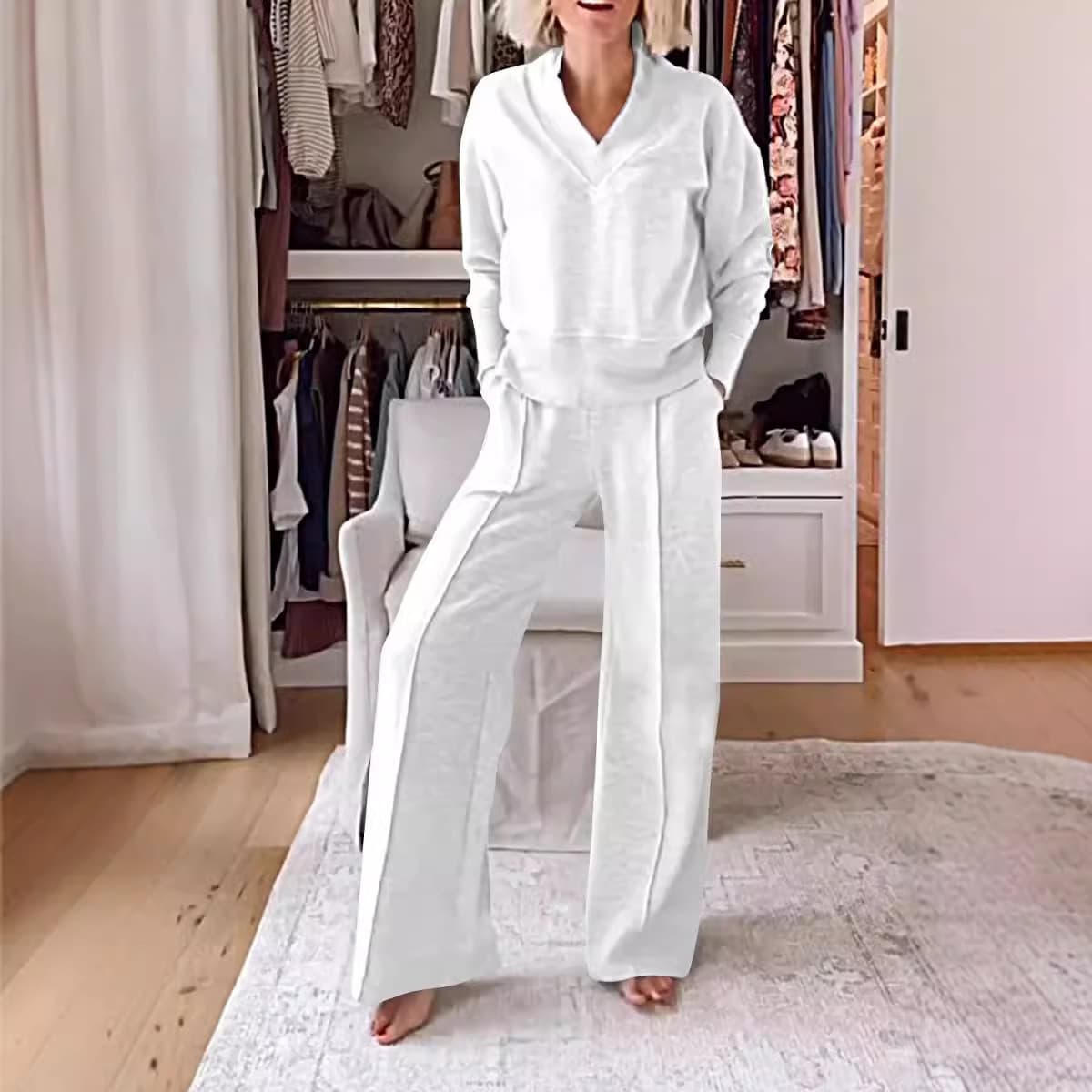 Breathable Cotton-Polyester V-Neck Long Sleeve Top & Wide-Leg Pants Set - Relaxed Streetwear Outfit For Women & Men