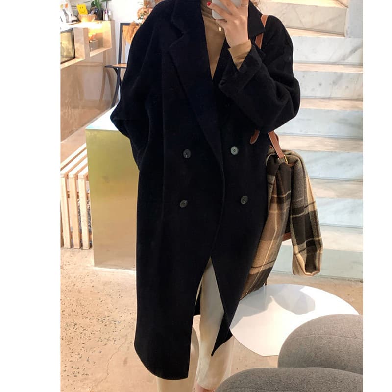 Women’s Double-Faced Wool Coat – Korean Oversized Trench (Camel/Black, S-2XL) | Minimalist Double-Breasted Mid-Length Overcoat