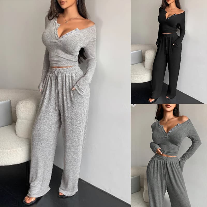 Women's Long Sleeve Button-Up Top & Pants Set - Solid Color Slim Fit Two-Piece Outfit For Fall & Spring