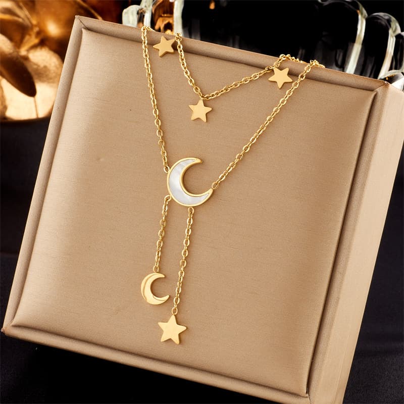 Korean double-layer stacked white shell star moon titanium steel versatile tassel clavicle chain jewelry necklace
