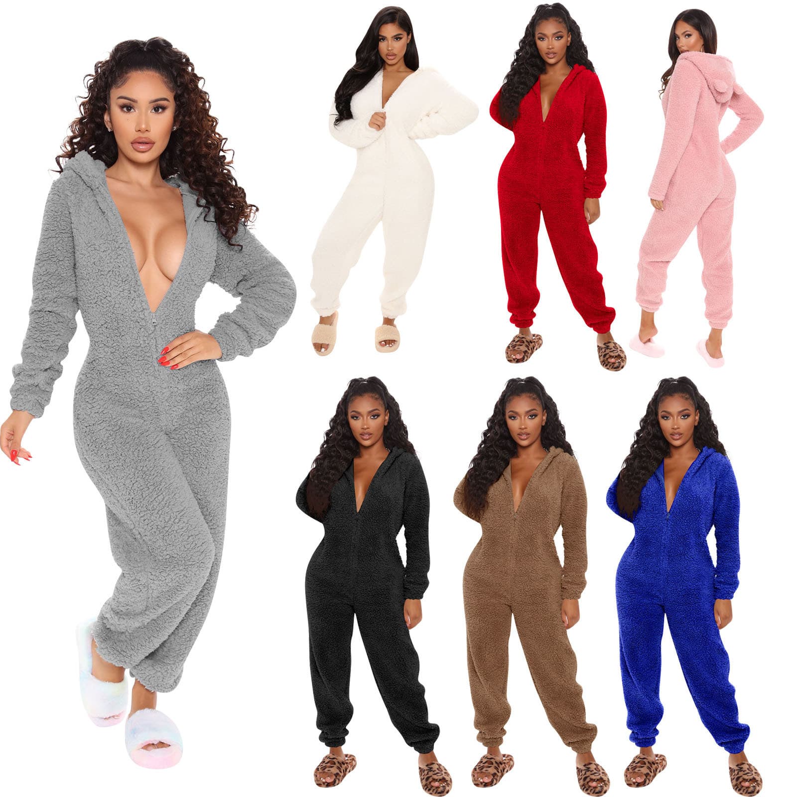 Women's Sleepwears Autumn And Winter Long Sleeved Hooded Casual Jumpsuit Trousers Plush Home Wear Pajamas Cute Jumpsuit