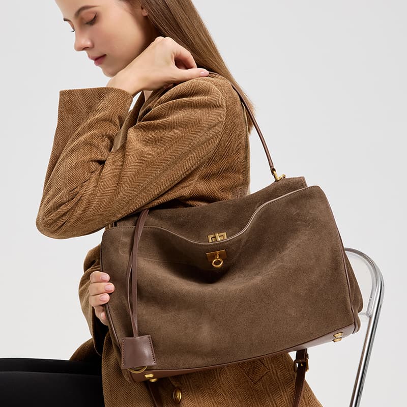 Women's Suede And Genuine Leather Handbag, Large Capacity Shoulder Simple Tote, Luxury Designer Bag, Autumn Winter 2025