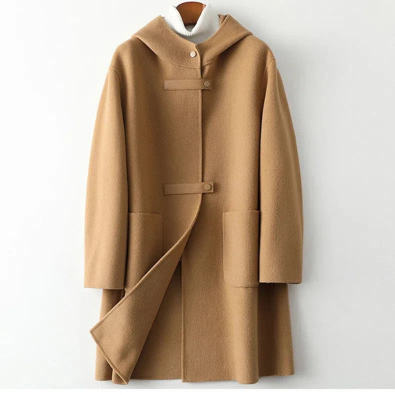 Women's Clothing new woolen coat for women with large pockets, loose and fashionable hooded double sided woolen coat trend