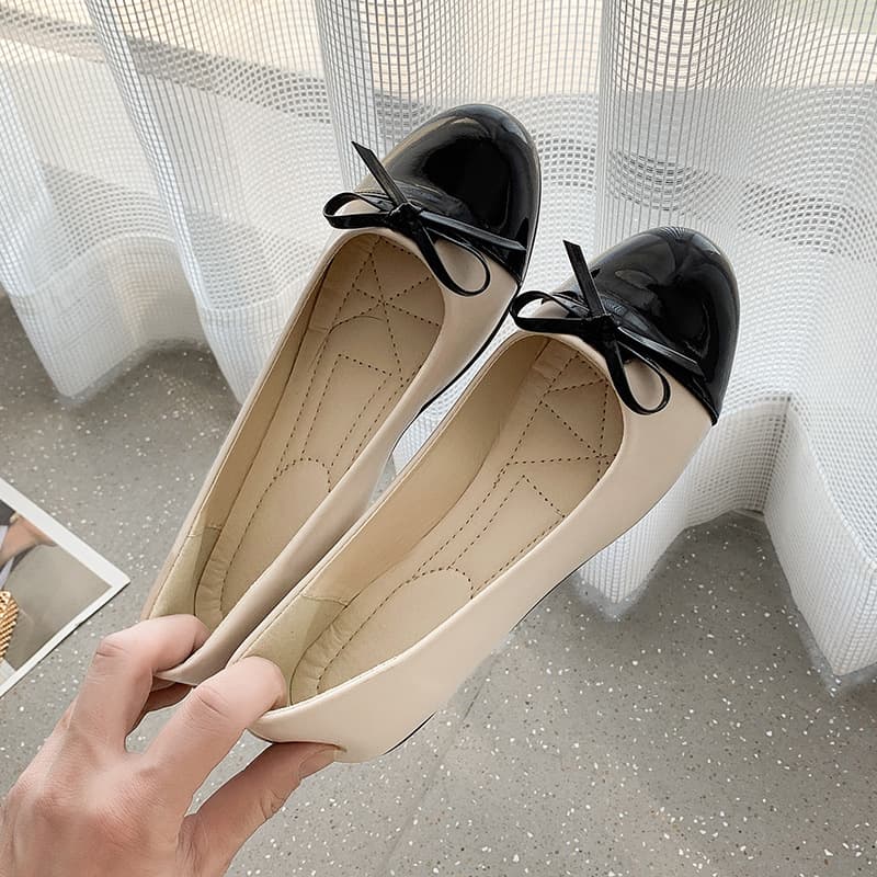 Korean Fashion Large Size Women's Casual Shoes Round Toe Flat Set Foot Bow Detail Synthetic Upper