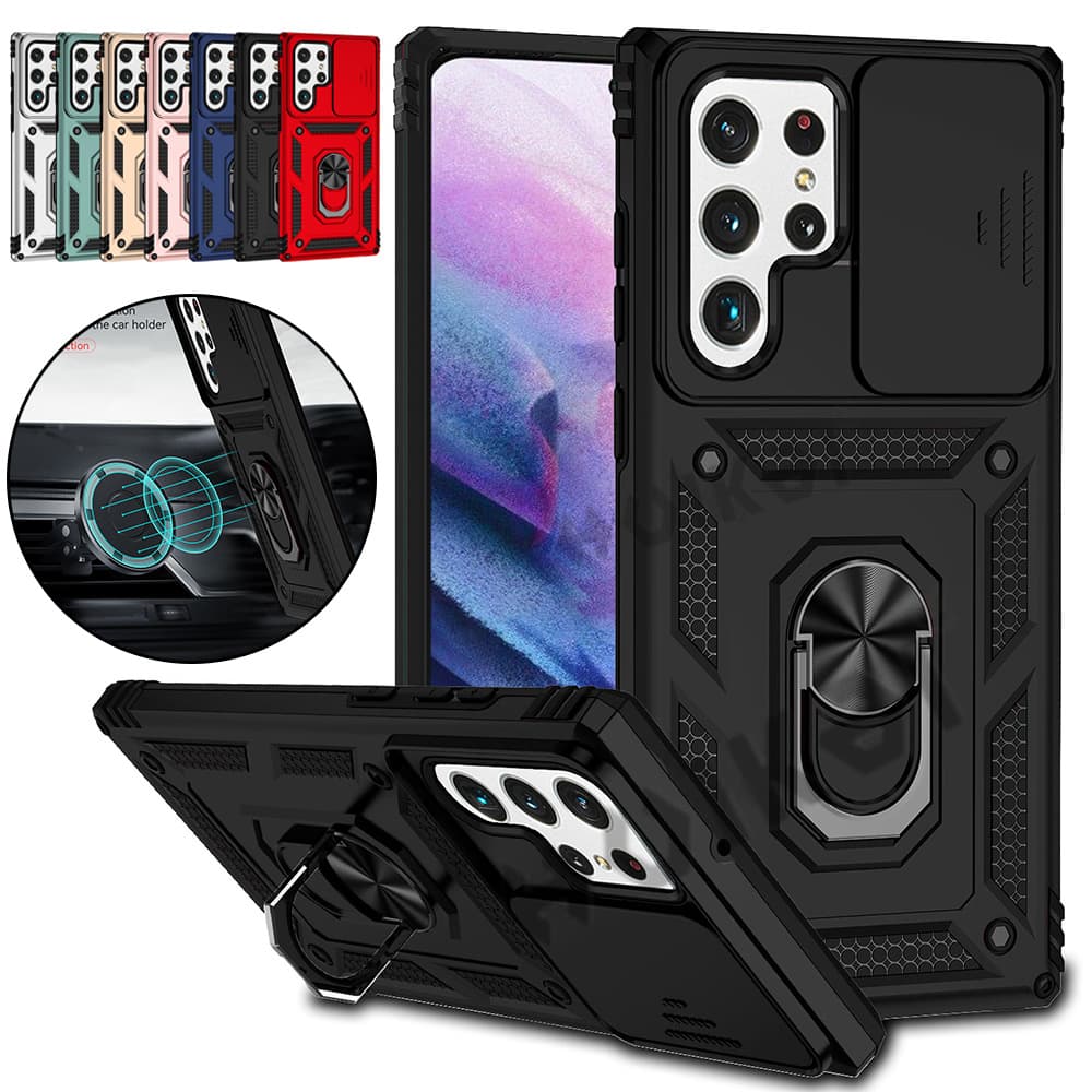 For Samsung Galaxy S22 S21 Plus Ultra FE A52 A32 A72 A22 A13 A12 Ring Stand Armor Slide Camera Protection Kickstand Phon