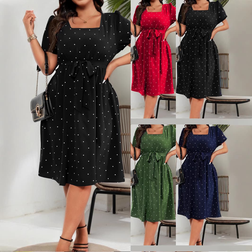 Women's Plus Size Retro Polka Dot Dress - Elegant Square Neck & Wrap Waist | Flared Swing Skirt (S-3XL) | Soft Cotton Blend