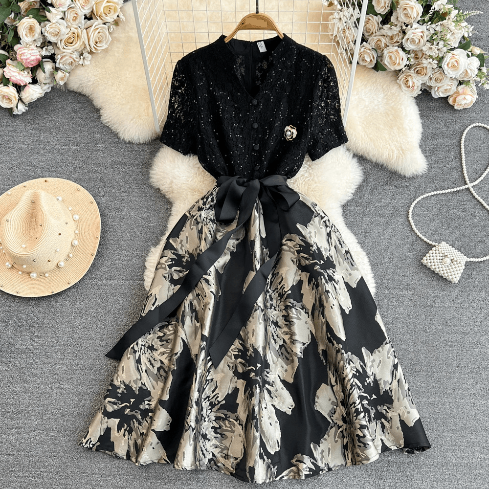 Women's Clothing Short Sleeved V Neck Lace Patchwork Waist Slimming Medium Length A Line Dress