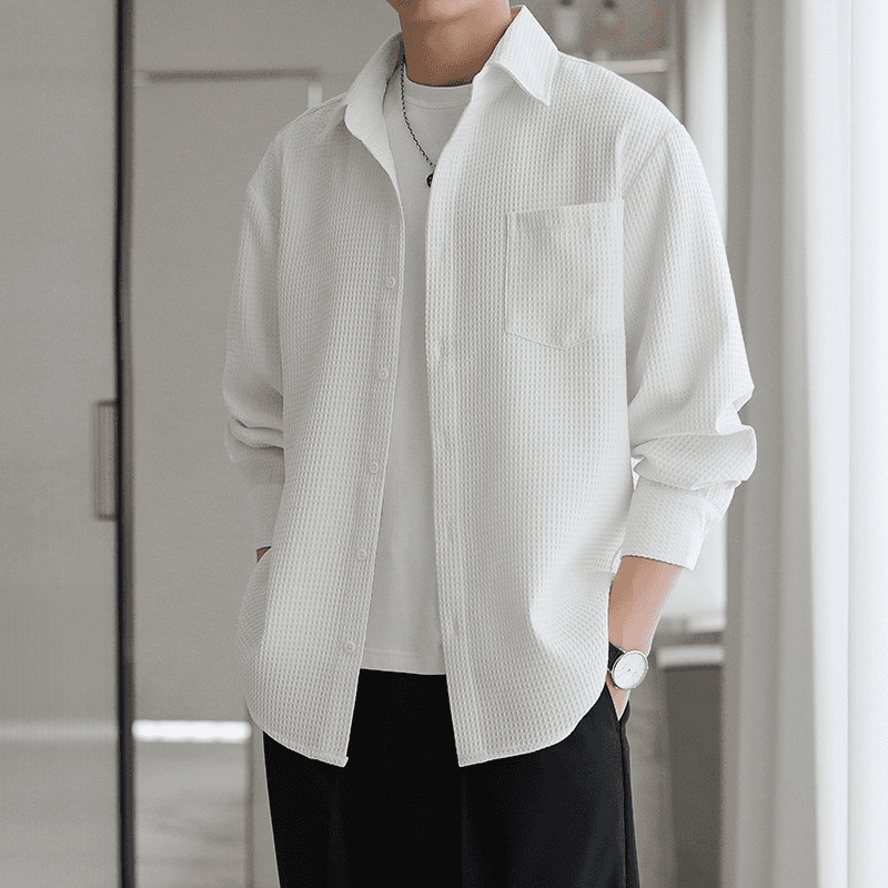 Men's Clothing Pleated Texture Shirt Trend Loose Long Sleeved Shirt Jacquard Workwear Inch Shirt