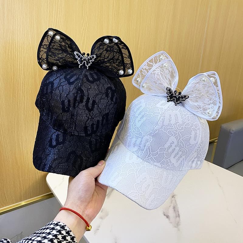 Female Lace Bow Duck Tongue Student Cute Versatile Mesh Sunshade Summer Breathable Baseball Hat Water Diamond