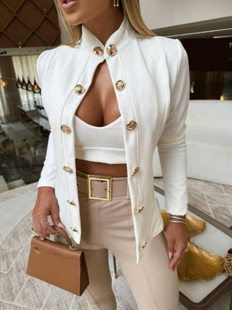 Women's Clothing stand up collar long sleeved slim fashion double breasted small suit jacket