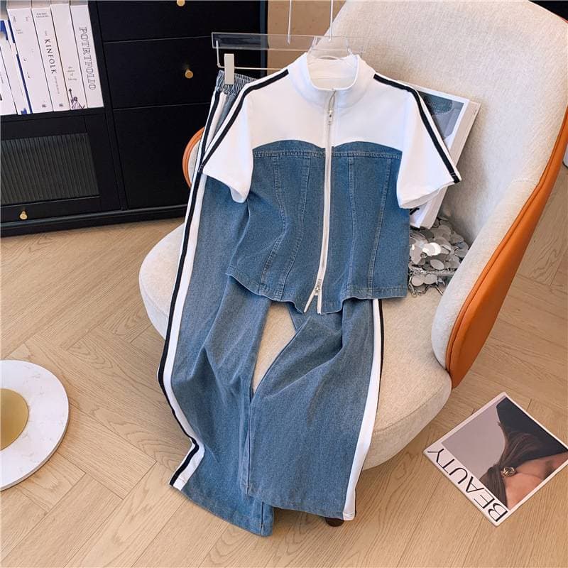 Women's summer new fashion fashionable fat women's suit short-sleeved denim suit plus size women's casual age-reducing two-piece suit trend