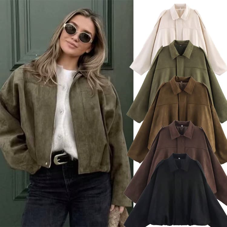 Women's Clothing Women's Suede Bomber Jacket – Oversized Pilot Coat With Ribbed Hem – Y2K Streetwear (XS-L)