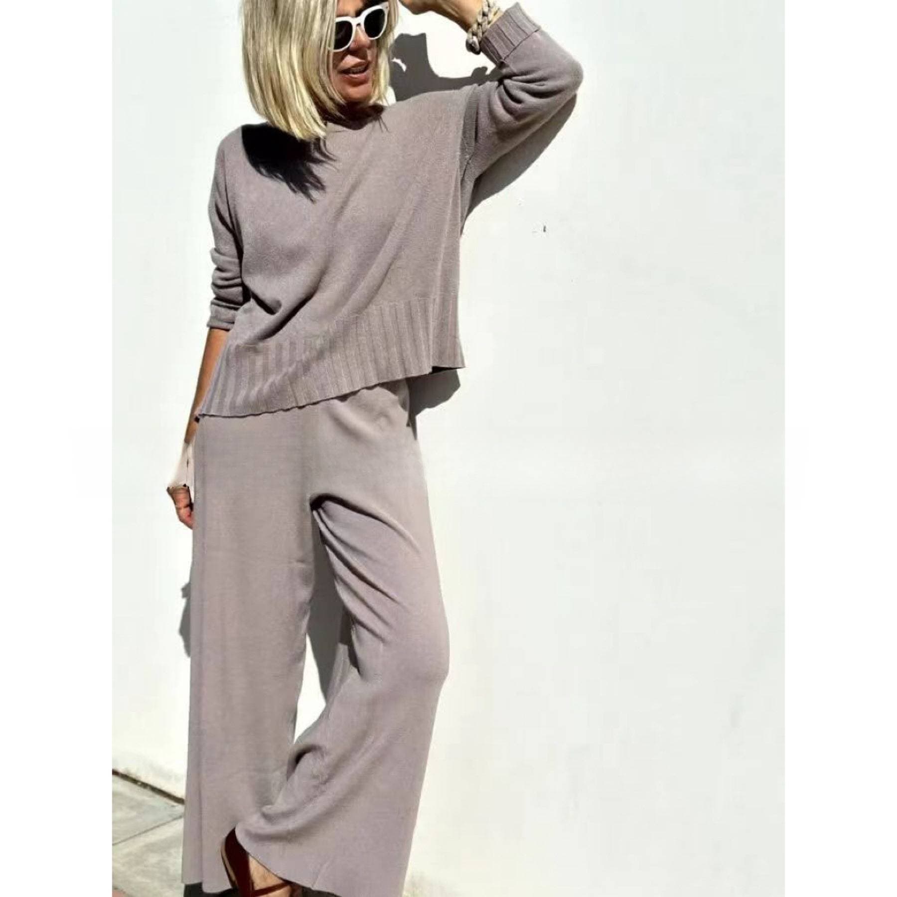 Women's Clothing Knitted Wide Leg Pants Suit Sweater Pullover Women's Casual Trousers Temperament Two Piece Suit