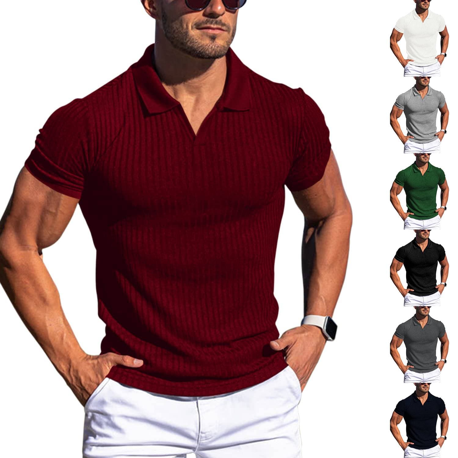 Men Turn Down Collar Short Sleeve Slim T-shirts Summer Male Solid Knitted Tee Tops