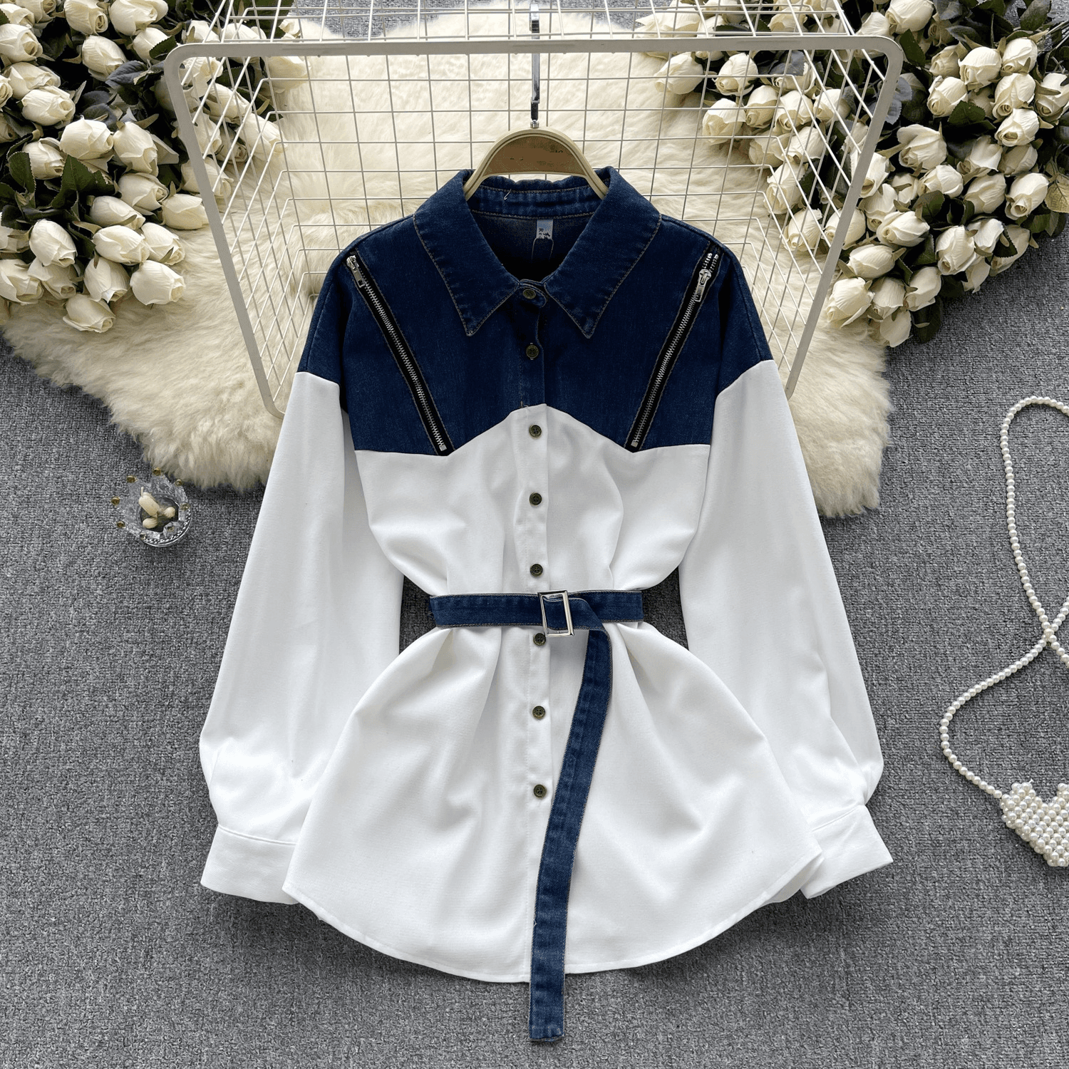 Women's Clothing new niche denim contrasting color stitching mid length long sleeved shirts for women