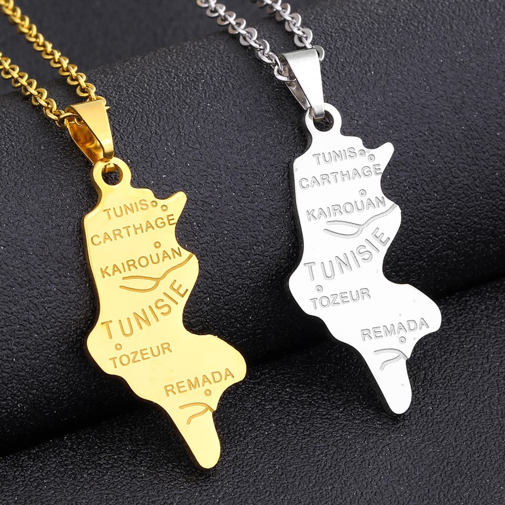 Hot Sale Tunisia Map Necklace For Men And Women Couples Geometric Gold Stainless Steel Necklace Trendy Jewelry