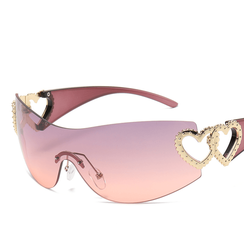 Unisex Fashion Love embellished sunglasses One-piece rimless windscreen Y2K Hottie Street Shot Eyewear trend