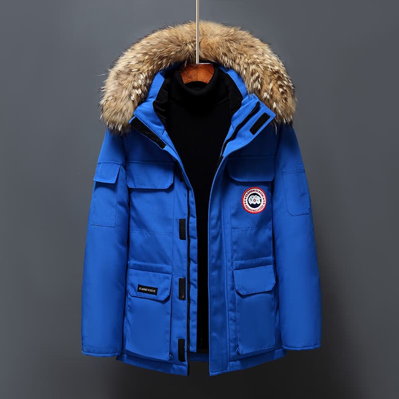 Hiver nouvelle mode Couple à capuche vers le bas hommes épaissi bleu petit col de fourrure manteau de travail tendance