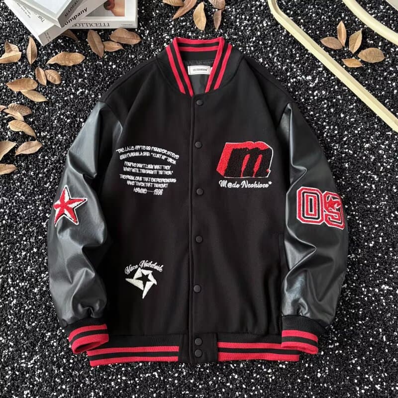 Veste de baseball streetwear pour homme avec lettres brodées – Manteau universitaire noir et gris avec écusson (M-XXL) – Survêtement oversize en polyester