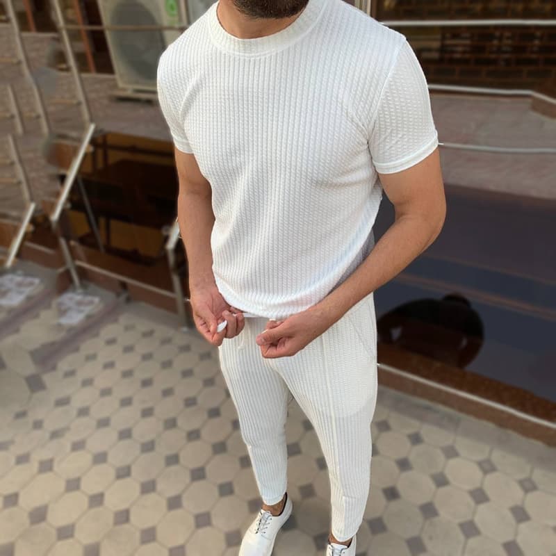 Man's Clothing Slim-fit Round Neck Pullover Short Sleeved Trousers Two-piece Casual Solid Color Sports Suit