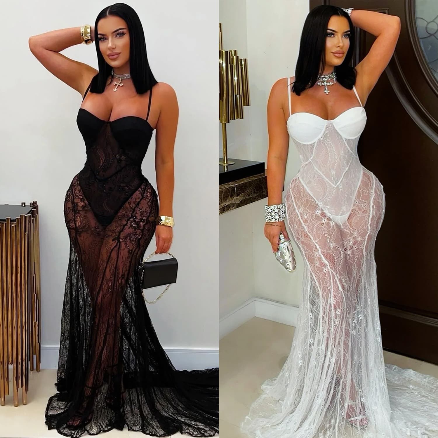 Sheer Lace Slit Evening Dress – Sexy Backless Maxi Gown With Thigh High Split