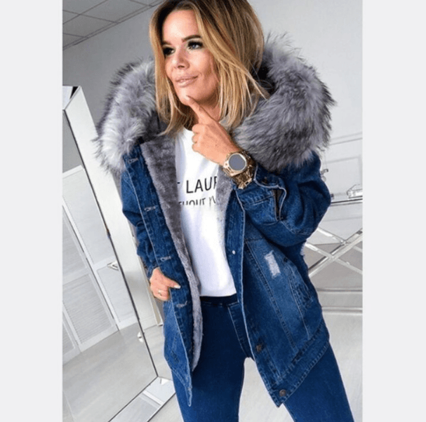 Women's Clothing new plus plush collar women's thickened cotton denim jacket