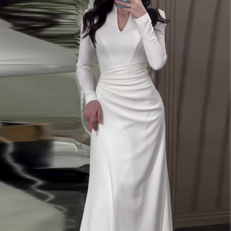 Women's clothing border solid color slim gentle style pleated long sleeved dress
