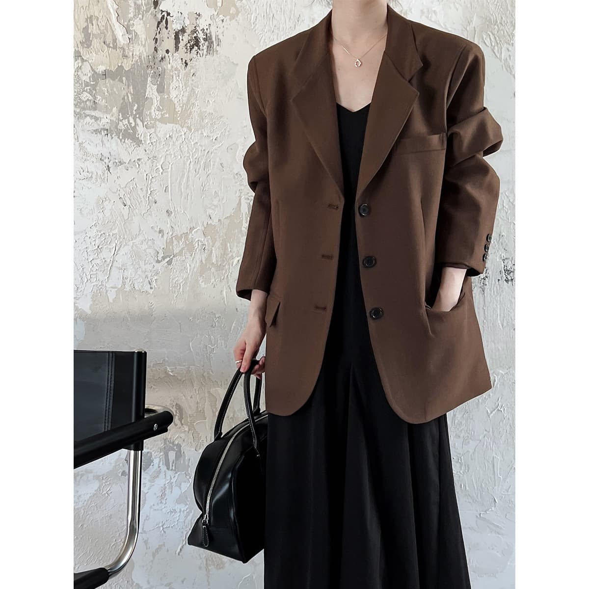 Women's Clothing Korean Style Casual Long Sleeve Blazer Jacket – Vintage Loose Fit With Pockets (Brown, Black)