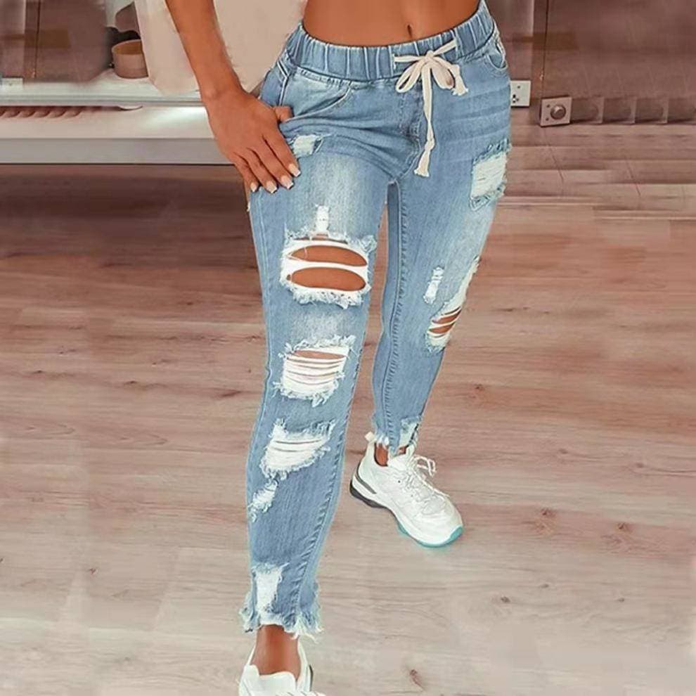 Women's Clothing Elastic Waist Women's Jeans High Waist Ripped Small Feet Lace Up Trousers