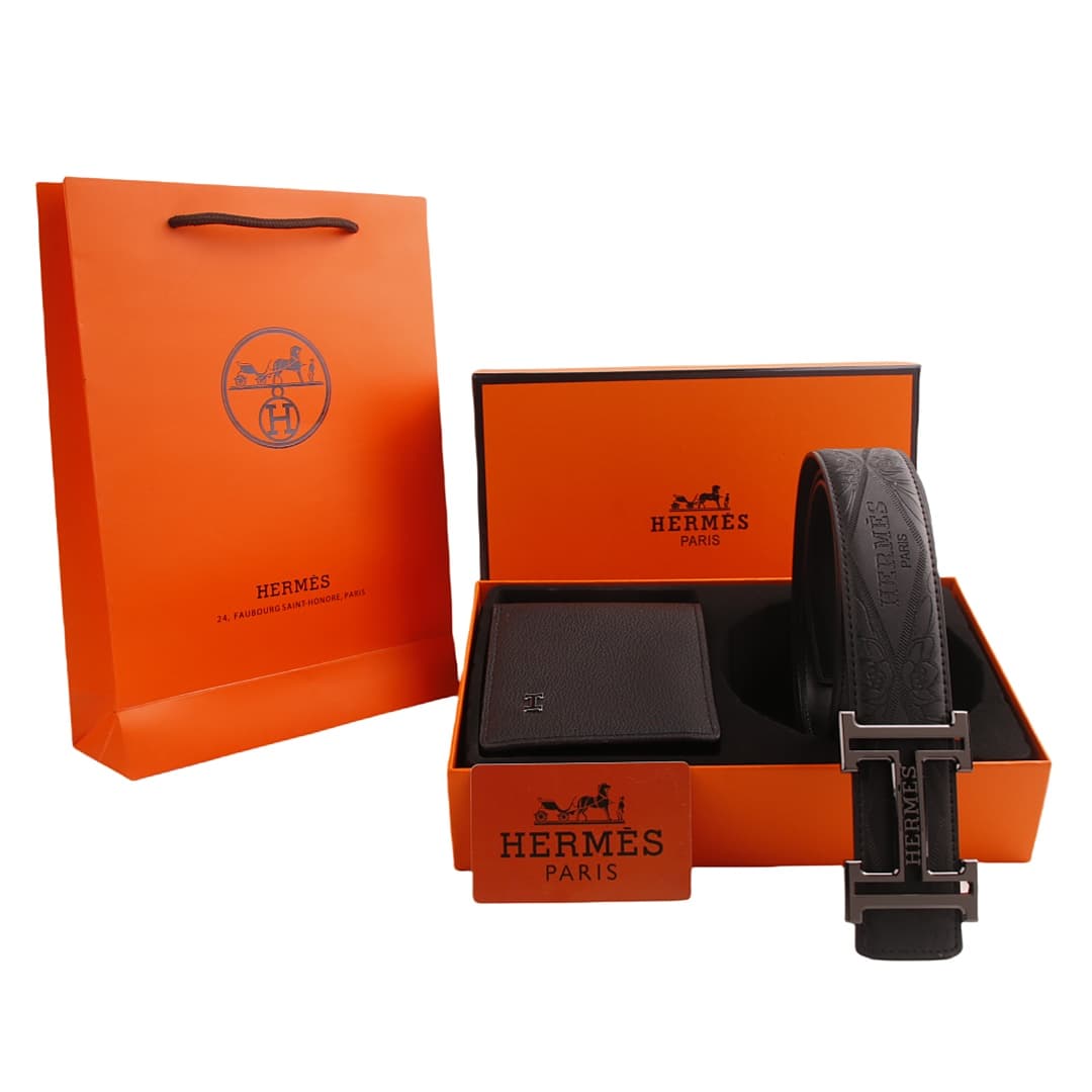 Ensemble portefeuille et ceinture pour homme en cuir noir avec boucle en H
