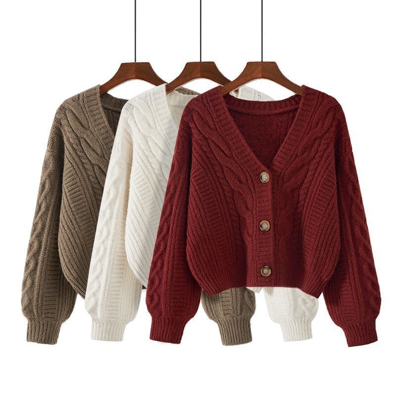 Women's Cable Knit Cardigan – Oversized V-Neck Open Front Sweater (Beige/Red/White) – One Size Fits Most