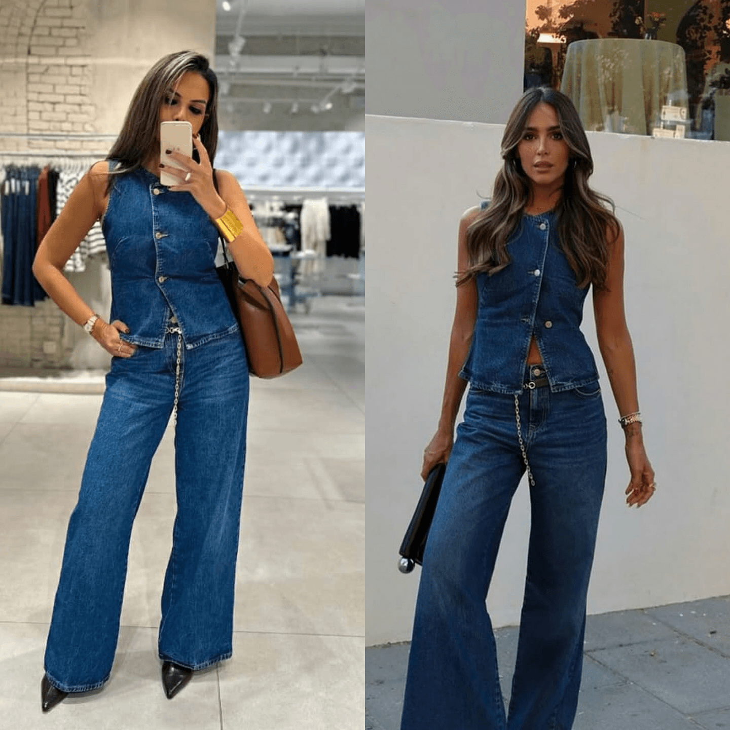 Women's Clothing Solid Color Round Neck Sleeveless Denim Vest Waistcoat Belt Straight Slim Jeans