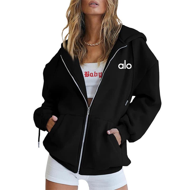 Sweat à capuche ample et zippé pour femme, logo brodé, manches longues, style décontracté et sportif