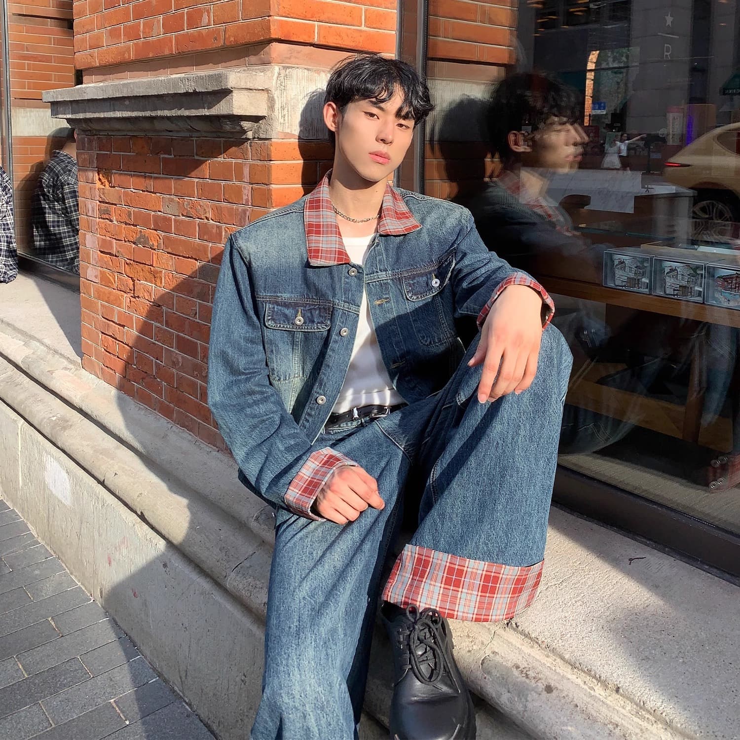 Korean Oversized Checkered Denim Set – Contrast Collar & Shoulder-Padded Jacket With Straight-Leg Jeans (S-XXXL, Relaxed Fit, Unisex Streetwear)